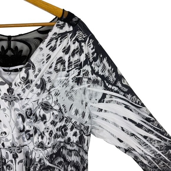 Apt. 9 Graphic Print Tunic Top 2X Sheer Lace Detail Black White Shark Bite Hem - Picture 5 of 11